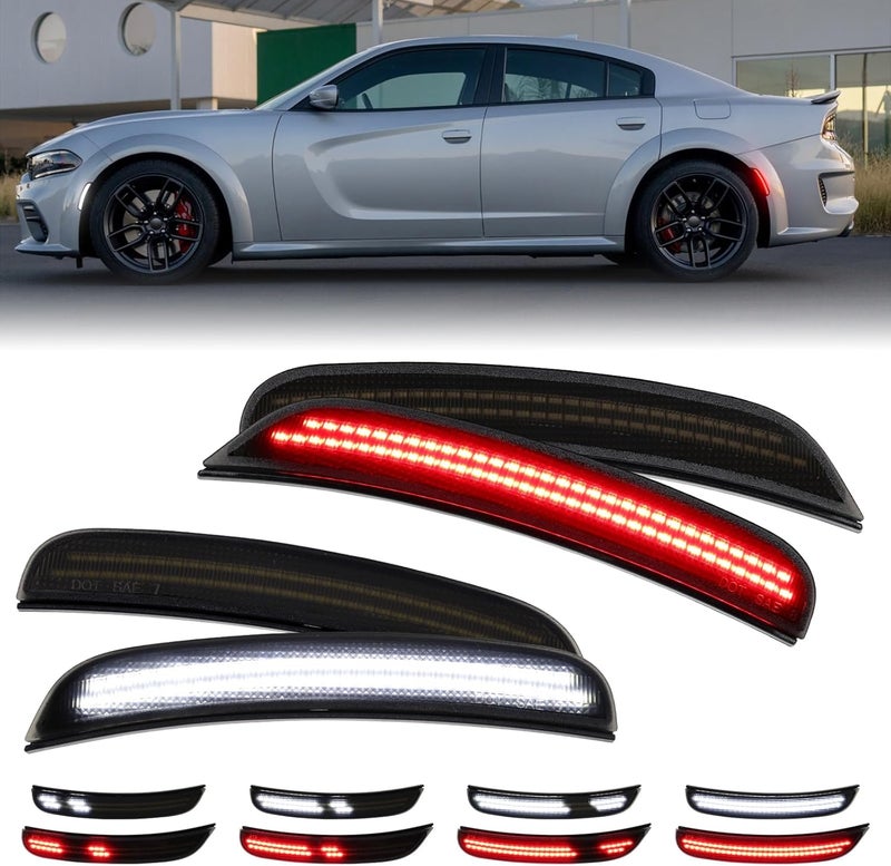 FetonAuto Dynamic Red White LED Side Marker Lights for Dodge Charger 2015 2016 2017 2018 2019 2020 2021 2022 2023 2024, Smoked Lens Front Rear Charger Bumper Reflector Lamp, 4PCS - Image 1